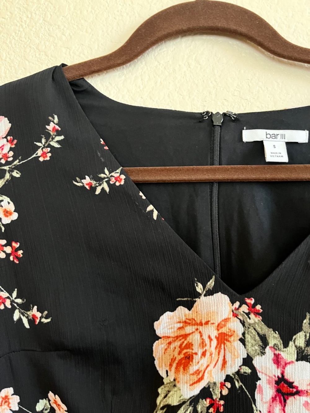 Bar III Black Floral V-Neck Ruffle Mini Dress - Picture 3 of 6